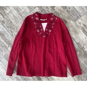 Studio Works Woman Red Boho Floral Embroidered V-Neck Long Sleeve Knit Top 1X
